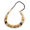 Chunky Natural Wood Bead with Black Faux Leather Cord Necklace - 70cm L
