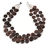 3 Strand Brown Button Shape Wood and Transparent Glass Bead Necklace - 60cm L