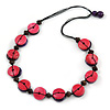 Deep Pink/ Purple Button Shape Wood Bead Black Cotton Cord Necklace - 72cm L