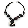 Black/ White Ceramic, Resin Bead Cluster Cotton Cord with Silver Chain Chunky Necklace - 48cm L
