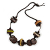 Chunky Wood and Acrylic Button Bead with Cotton Cord Necklace (Brown) - 66cm Long
