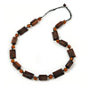 Long Brown Wood Bead, Orange Ceramic Bead Necklace with Black Cords - 76cm L