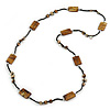 Long Brass Brown Shell Nugget Black Glass Bead Necklace - 110cm L