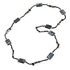 Long Grey Shell Nugget Black Glass Bead Necklace - 110cm L
