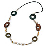 Wood and Shell Cotton Cord Necklace (Green/ Brown/ Olive) - 94cm L