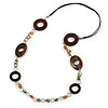 Wood and Shell Cotton Cord Necklace (Orange/ Brown/ Green) - 94cm L