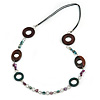 Wood and Shell Cotton Cord Necklace (Teal/ Brown/ Fuchsia) - 94cm L