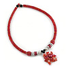 Red Glass Collar Necklace with Red Shell Flower Pendant - 43cm L