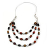 Layered Wood Bead with Metallic Silver Rubber Cord Necklace - 86cm L