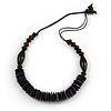 Brown/ Purple Wood Bead with Cotton Cord Necklace - 70cm L