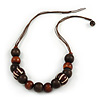 Brown Wood Round Bead Cotton Cord Necklace - 56cm L