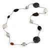 Long Resin, Wood, Ceramic Bead Silk Cord Necklace (White, Black) - 92cm L