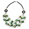 Layered Green Sea Shell with Black Faux Leather Cord Necklace - 70cm L