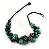 Black/ Teal Green Wood Bead Cluster with Cotton Cord Necklace - 55cm L