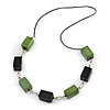 Long Wood Bead with Silver Tone Metal Links Black Rubber Cord Necklace (Glitter Green/ Black) - 84cm L