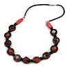 Wood and Ceramic Bead Necklace with Black Faux Leather Cord - 80cm L