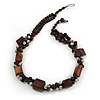 Wood and Ceramic Cluster Bead Brown Cord Chunky Asymmetrical Necklace - 60cm L