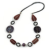 Purple/ Plum Ceramic Bead and Black Wood Ring Cotton Cord Necklace - 72cm L