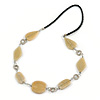 Beige Ceramic and Silver Tone Wire Element Black Faux Leather Cord Necklace - 76cm L