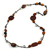 Statement Ceramic/ Wood Bead and Metal Ring Cotton Cord Long Necklace ( Brown/ Natural) - 100cm L