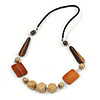 Brown/ Natural Wood and Silver Tone Wire Element Black Faux Leather Cord Necklace - 74cm L