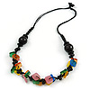 Multicoloured Square Shape Resin and Black Round Wood Bead Cotton Cord Necklace - 72cm L