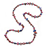 Long Multicoloured Shell Nugget and Glass Crystal Bead Necklace (Purple/ Blue/ Magenta/ Plum) - 116cm L