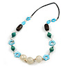 Blue Shell Flower, Teal Wood Bead and White Resin Ball Black Cord Necklace - 80cm L