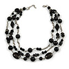 210g Solid 3 Strand Black Glass & Ceramic Bead Necklace In Silver Tone - 60cm L/ 5cm Ext
