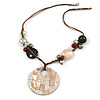 Large Mother of Pearl Penant with Brown Beaded Cords Necklace - 60cm L/ 7cm Pendant