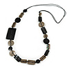 Black/ Taupe Sea Shell Geometric Cotton Cord Long Necklace - 88cm L