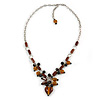 Romantic Glass and Ceramic Bead Heart Pendant Charm Necklace In Silver Tone (Amber Brown, Black) - 64cm L