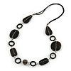 Black Ceramic Bead and Black Wood Ring Cotton Cord Necklace - 70cm L
