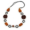Brown/ Amber Ceramic Bead and Black Wood Ring Cotton Cord Necklace - 70cm L
