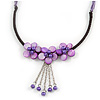 Purple Shell Flower Metal Wire with Black/ Purple Cotton Cord Necklace - 44cm L/ 5cm Ext
