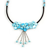 Light Blue Shell Flower Metal Wire with Black/ Light Blue Cotton Cord Necklace - 44cm L/ 5cm Ext