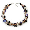 Exquisite Black Ceramic Bead & Purple/ Natural Shell Composite Silver Tone Link Necklace - 43cm L/ 5cm Ext