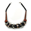 Chunky Cluster Black Ceramic Beads, Natural Shell Nuggets Wood Bar Necklace - 48cm Long