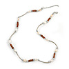 Delicate Glass Beads and Sea Shell, Metal Bar Necklace In Silver Tone (Brown/ White) - 50cm L/ 6cm Ext