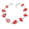 Stylish Red Bone Bead and Textured Metal Bar Necklace In Silver Tone - 45cm L/ 5cm Ext