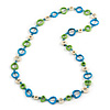 Blue/ Green/ White Bone Rings, Blue Glass Beads Necklace - 76cm L