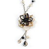 Romantic Antique White/ Black Shell and Faux Pearl Bead Flower Pendant with Silver Tone Chain - 78cm L