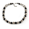 Black Ceramic Bead and Silver Tone Decorative Element Necklace - 46cm L/ 6cm Ext