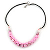 Light Pink Coin Shell Bead Cluster with Black Faux Leather Cord Necklace - 54cm L