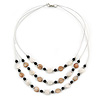 3 Strand White/ Brown/ Black Shell and Ceramic Bead Wire Layered Necklace - 60cm L