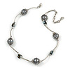 Stylish Grey Glass/ Shell Bead and Textured Metal Bar Necklace In Silver Tone - 40cm L/ 5cm Ext