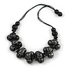 Chunky Wood Bead Cotton Cord Necklace (Black/ Silver) - 66cm L