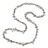 Long Light Grey Shell Nuggets/ Glass Crystal Bead Necklace - 120cm L