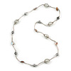 White Shell and Glass Bead with Wire Detailing Necklace In Silver Tone Metal - 70cm L