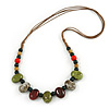 Multi Ceramic Bead Brown Cord Necklace (Dusty Green, Red, Dusty White) - 60cm to 80cm (Adjustable)